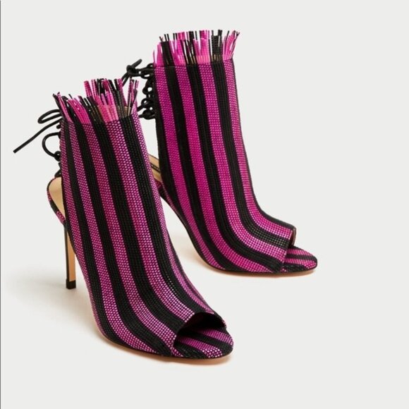 NWOT Zara black & purple pink textured striped open toe & back heeled booties - Picture 4 of 15